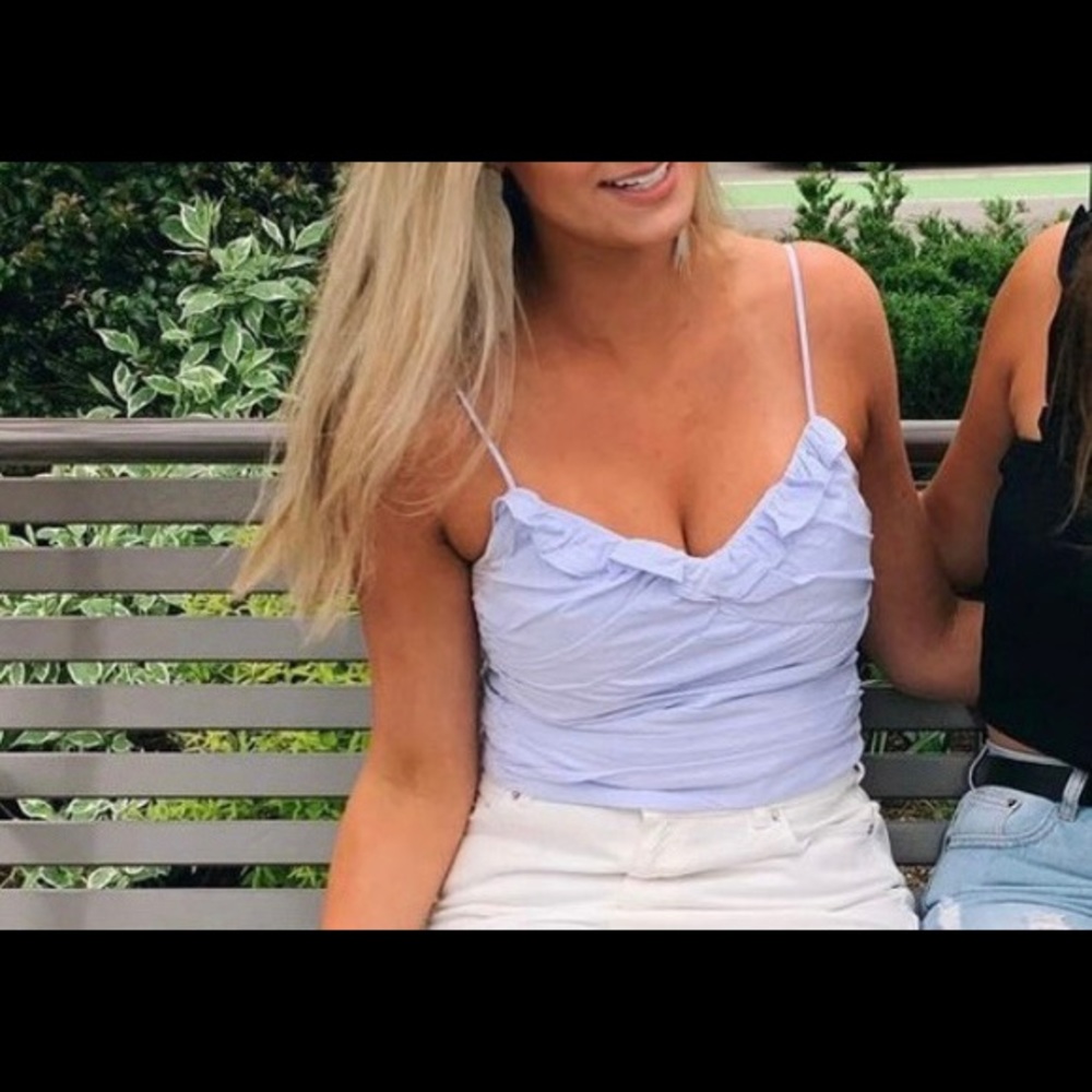 Zara Light Blue Ruched Ruffle Crop Top
